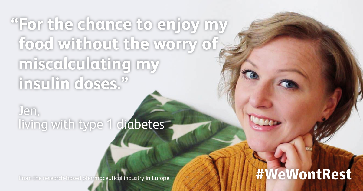 EFPIA's tweet photo. People living with type 1 diabetes can never take a break from their disease. #WeWontRest until we can reduce their dependence on insulin therapy, #ForTheChance of a brighter tomorrow #WorldDiabetesDay https://t.co/PHI8Dl6ORl https://t.co/hM5cjYE7DM