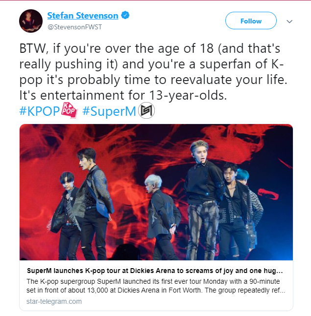 on nov. 14, a(nother) white male journalist managed to both invalidate the interests of young women and young people in general with his review, and subsequent tweet sharing it, of a superm show at fort worth.