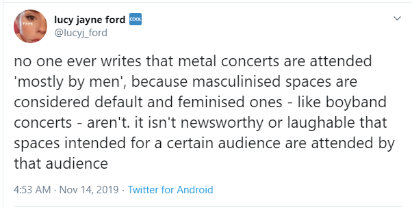 in response, journalist lucy ford tweeted about the internalized misogyny that comes with deeming a boyband concert audience mostly female as newsworthy.