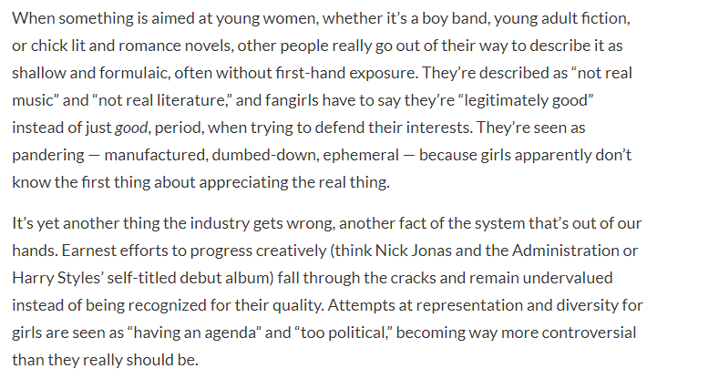 in a piece for young star, fiel estrella writes about the common practice of immediately branding things targeted towards the young female demographic as “shallow or formulaic." fangirls always seem burdened to prove why their faves are “legitimately good."