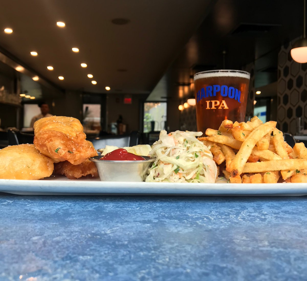 Open for lunch every day. And every lunch, we have fish &amp; chips. And Harpoon. As good a cure for the cold as we've found!