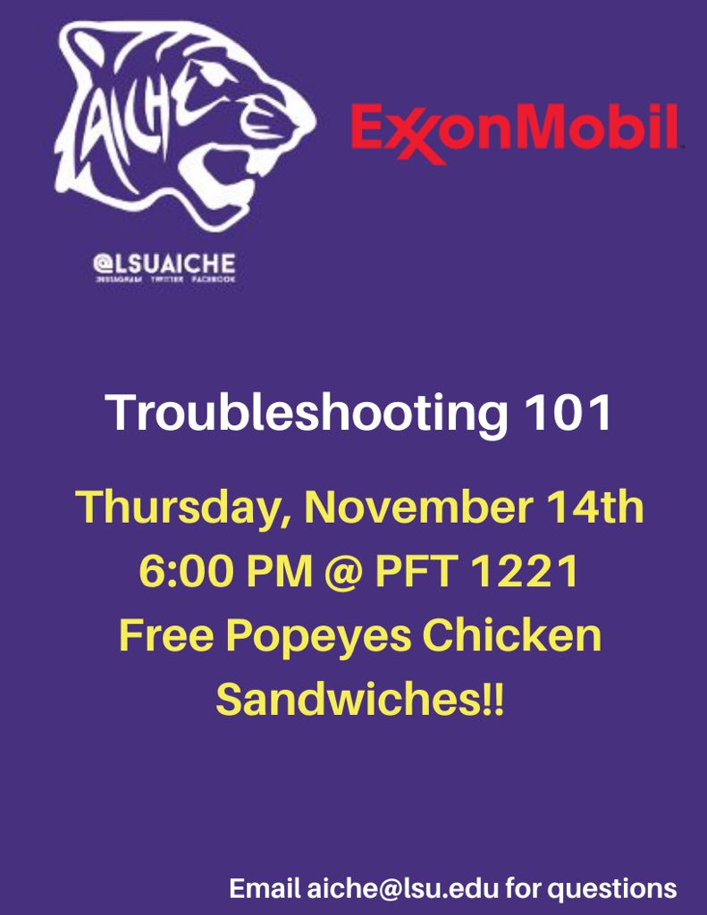 Hey y’all! Come to our meeting tonight in PFT sponsored by ExxonMobil! They’ll be giving advice on troubleshooting in engineering (very important)
There’s FREE Popeyes chicken sandwiches so you definitely wanna be there