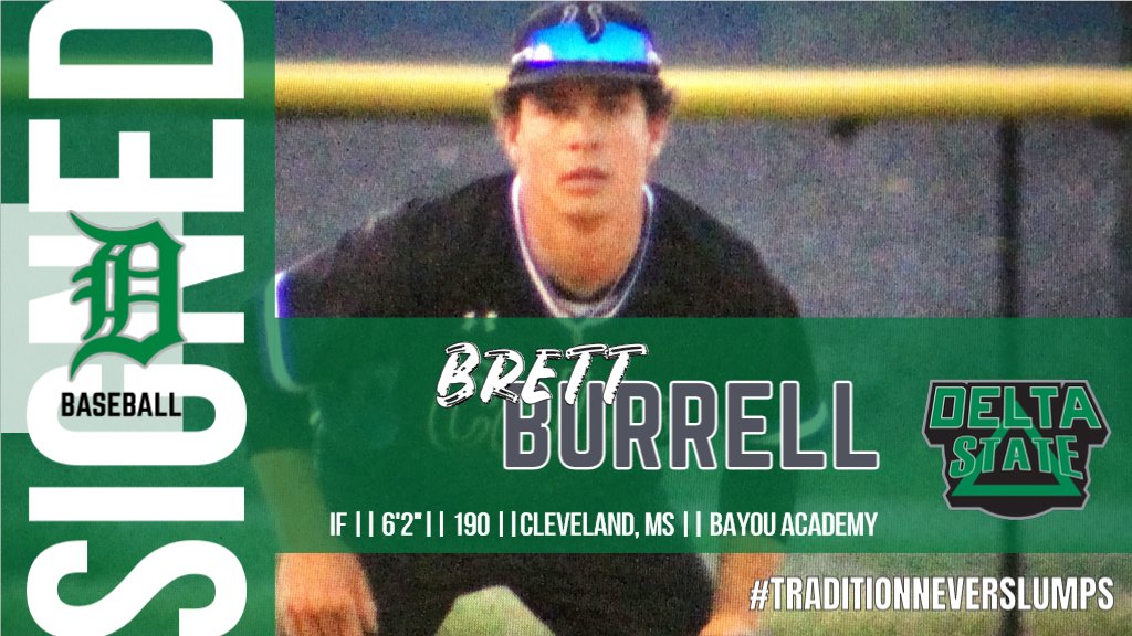 Statesmen Baseball (@deltastatebsb) on Twitter photo Welcome to the #DSUFamily! Brett Burrell IF | 6'2" | 190 | Cleveland, MS | <a href="/BayouAthletics/">Bayou Athletics</a>
#TraditionNeverSlumps Welcome to the #DSUFamily! Brett Burrell IF | 6'2" | 190 | Cleveland, MS | <a href="/BayouAthletics/">Bayou Athletics</a>
#TraditionNeverSlumps