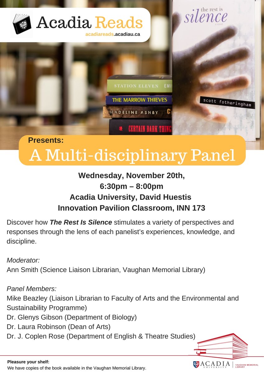 acadialibrary's tweet photo. The first #AcadiaReads event takes place this month! Join us for a Multi-disciplinary panel & discussion on November 20th at 6:30pm in the David Huestis Innovation Pavilion classroom INN 173. Full event details at https://t.co/3mH68s9XZI and https://t.co/YWhzPIKRTm
#acadiau https://t.co/RaxcrGFYI8