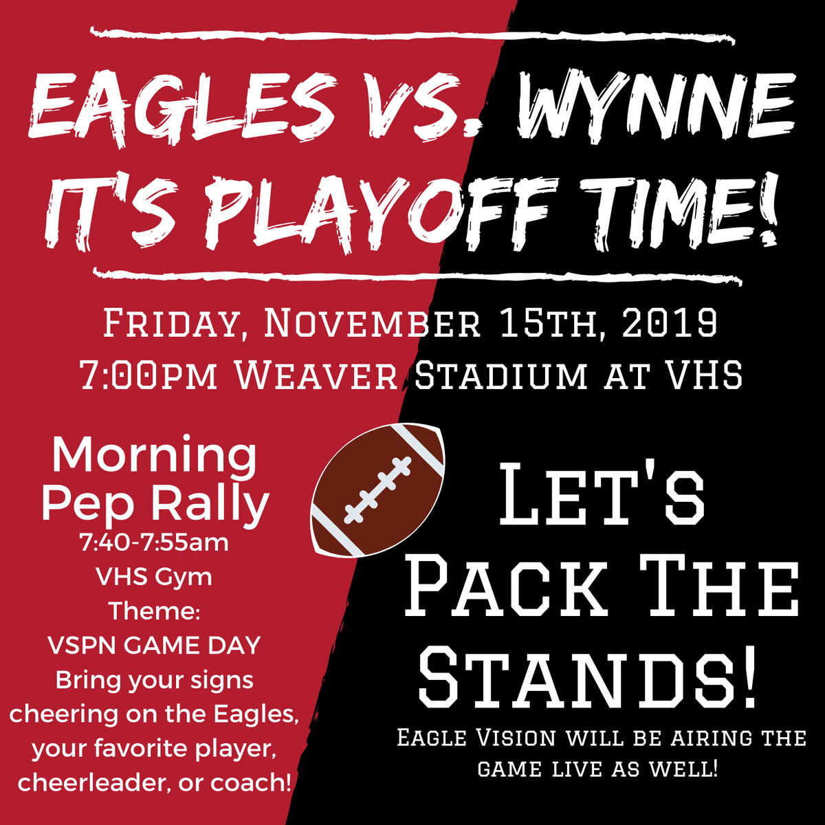 ViloniaHS's tweet photo. Eagles are headed to the Playoffs tomorrow! We will be hosting Wynne at 7pm. Come on our and pack the stands! #VHSNeverQuit https://t.co/RWA5zw8Eo4
