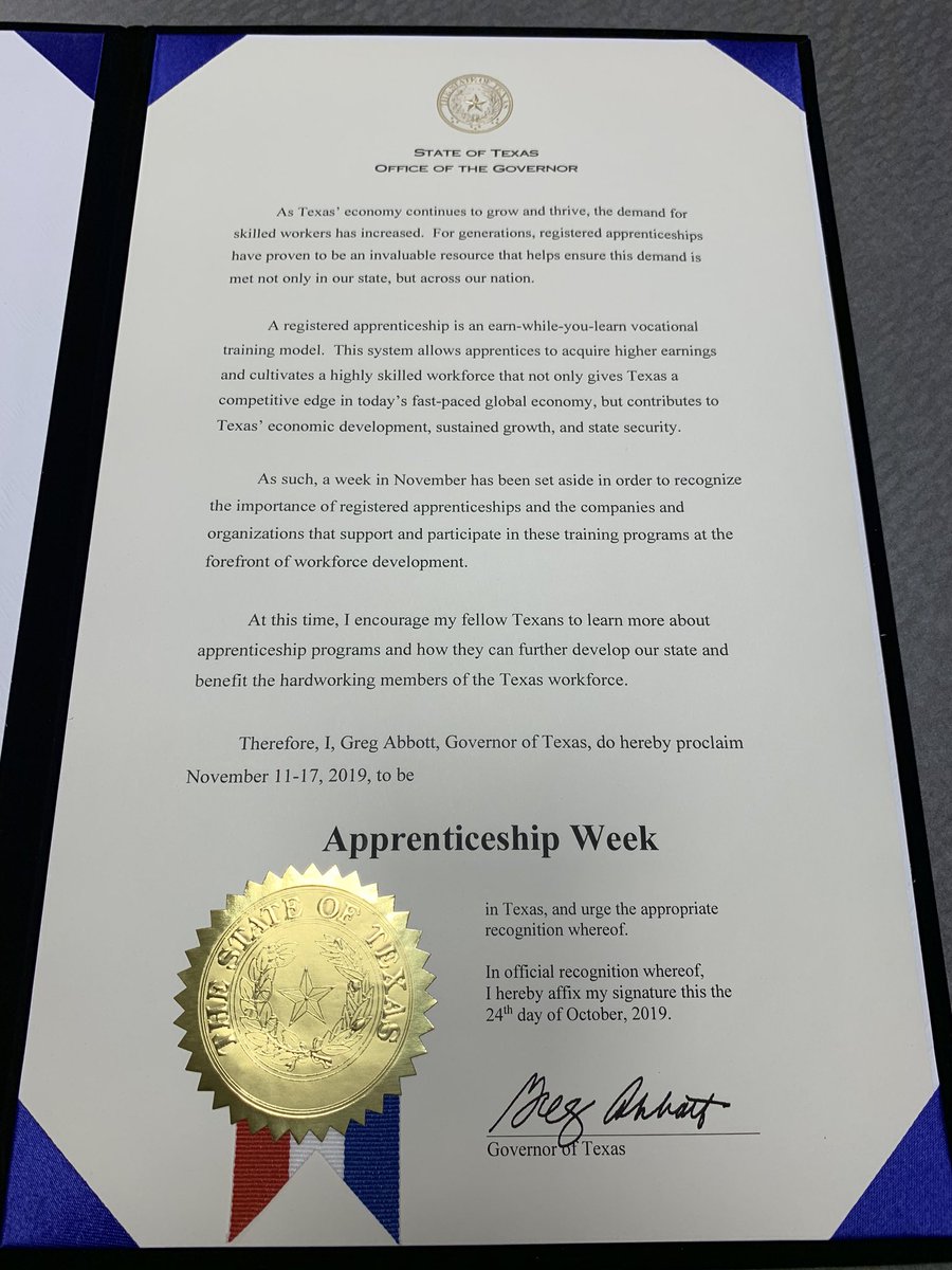 wfscapitalarea's tweet photo. Today we joined UA Local 286 Plumbers &amp; Pipefitters @LU286_JAC to receive a proclamation from @GovAbbott proclaiming this week National Apprenticeship Week!
#NAW2019 https://t.co/DNN3WNCmGC