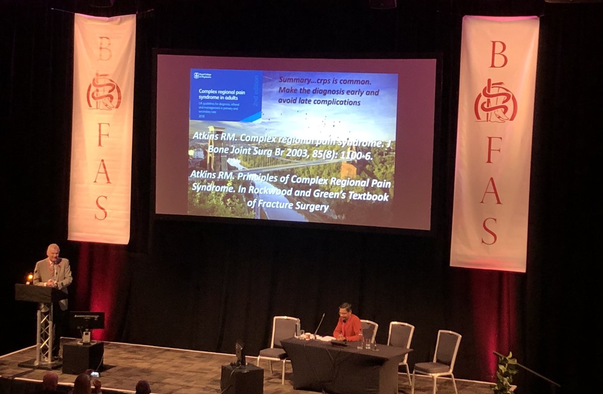 BOFAS_UK's tweet photo. Motivating guidance and lessons from the great experience of Prof Roger Atkins. Watch for diagnosis early and try to avoid late complications. #CRPS #BOFAS2019 https://t.co/Z99bAU6gsK