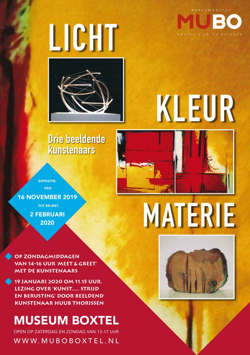muboboxtel's tweet photo. LICHT - KLEUR - MATERIE
De nieuwe expositie in MUBO 
van 16 nov 2019 tot 3 feb 2020.
Drie beeldende kunstenaars met verrassende combinaties van keramiek - sculptuur - schilderijen.
Open op zaterdag en zondag van 13-17 uur
Entree € 4 https://t.co/ALJj3lSYkT