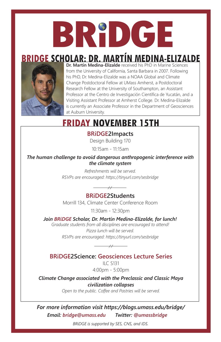 🌎UMass Community!🌏

Join us for an exciting #BRiDGE2Impacts talk by Dr. Martin Medina TOMORROW 11/15 at 10:15 AM in Design Building 170!

“The human challenge to avoid dangerous anthropogenic interference with the climate system”

See you there! @umassgeo <a href="/SES_UMass/">UMass SES</a> <a href="/CNS_UMass/">College of Natural Sciences at UMass Amherst</a>