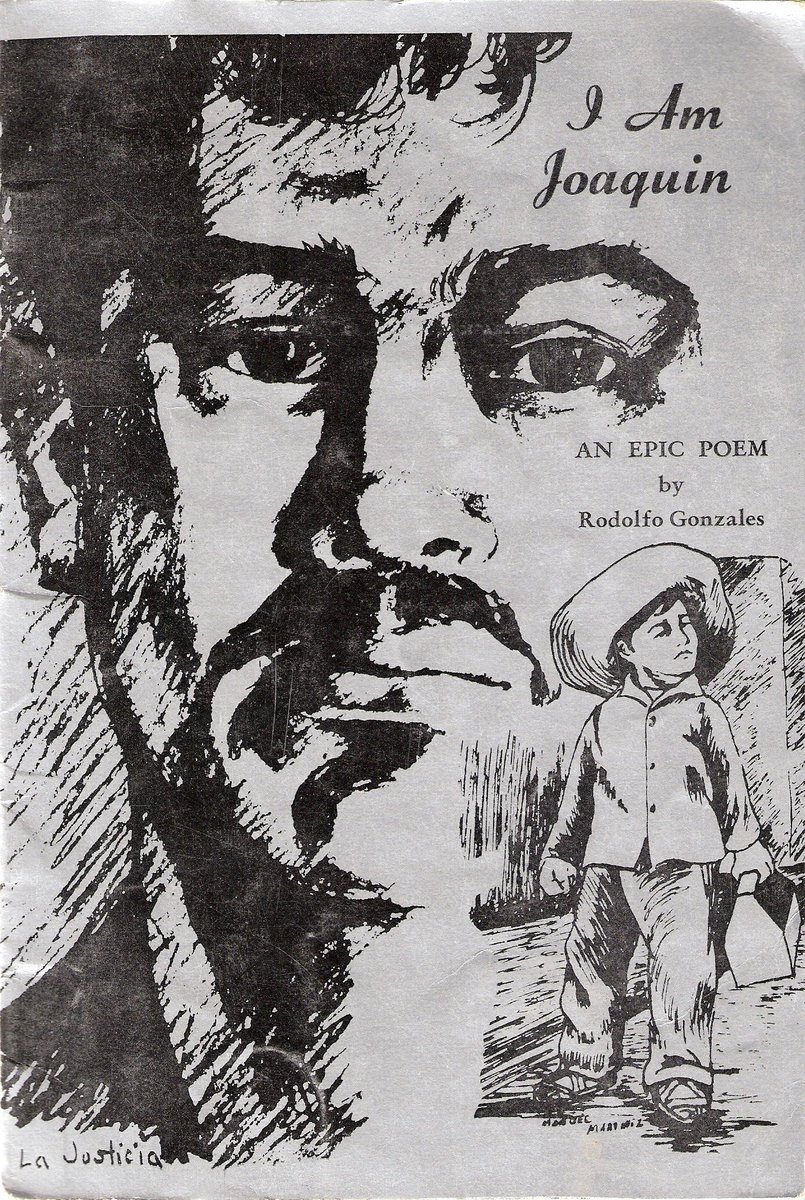 Image of the cover of I Am Joaquin, An Epic Poem by Rodolfo Gonzales. Large black and white drawing of a man's face and a black and white drawing of a small child wearing a hat and carrying a lunch pail in the lower right corner. 