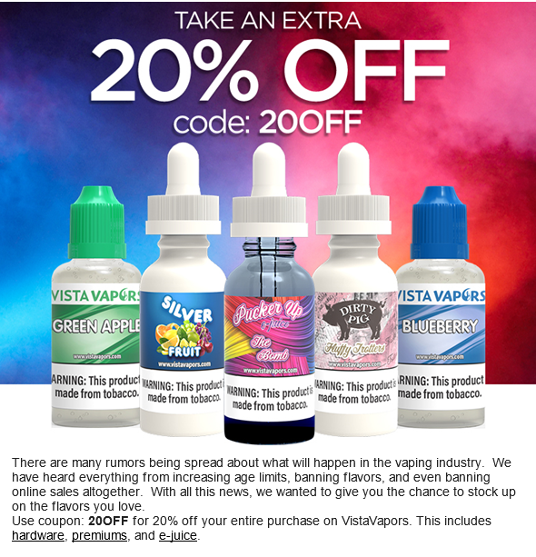 VV 20% OFF All Inventory.
tinyurl.com/jnjonl2                                 
#ecig #ecigs #vape