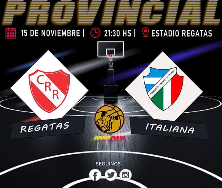 #PROVINCIAL #PRIMERA FECHA 4
#REGATAS   vs  #ITALIANA 
⏰21:30 HS 
🗓 15./11/19
ESTADIO REGATAS
<a href="/ClubRegatasRcia/">Regatas Resistencia</a>