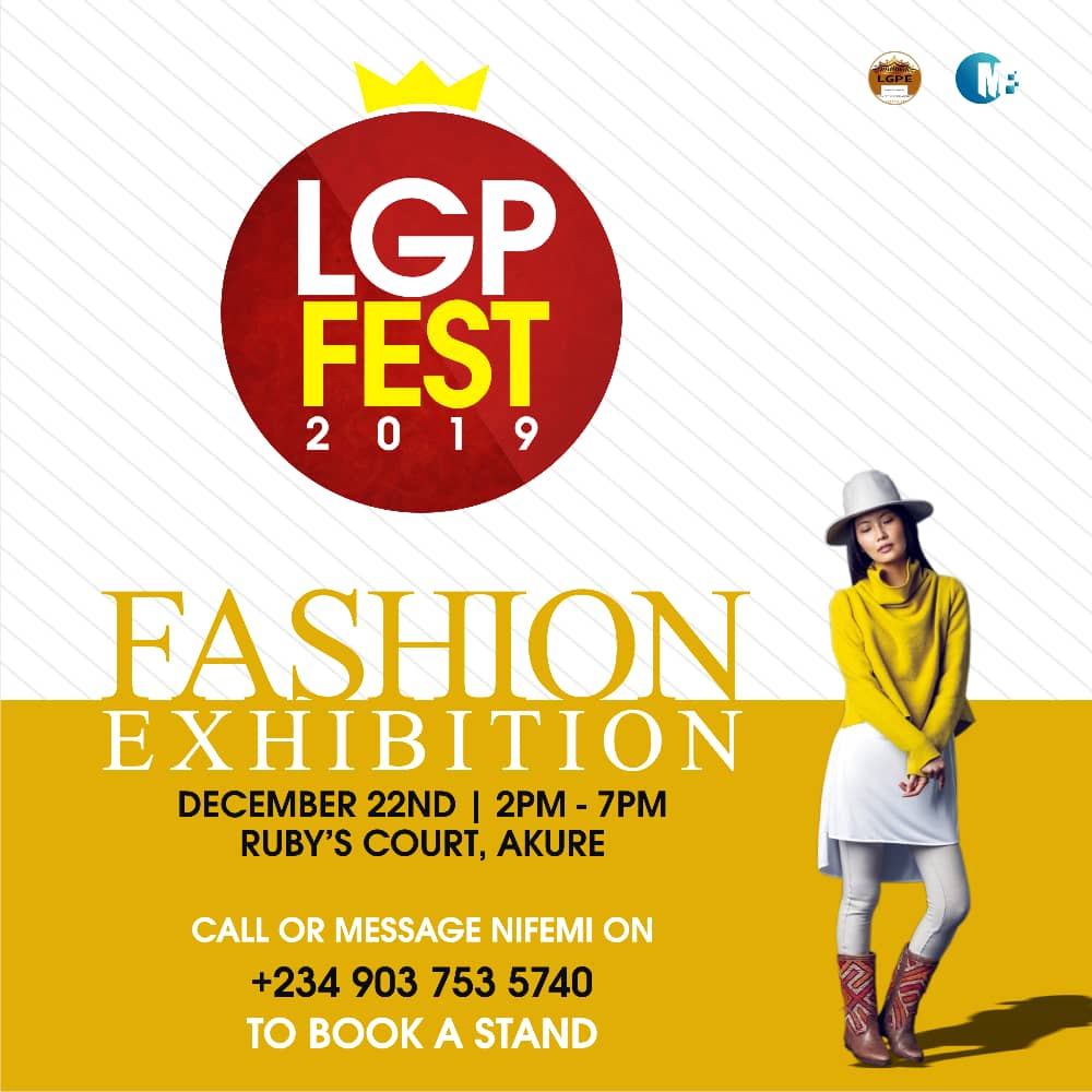 Why don't you book a stand for your clothing line at LGP Fest 2019?? 

This is another opportunity to showcase your unique designs and products.

Reach out to Nifemi on 09037535740 now!! 

#FashionExhibition
#LGPFest2019
#5thosmas