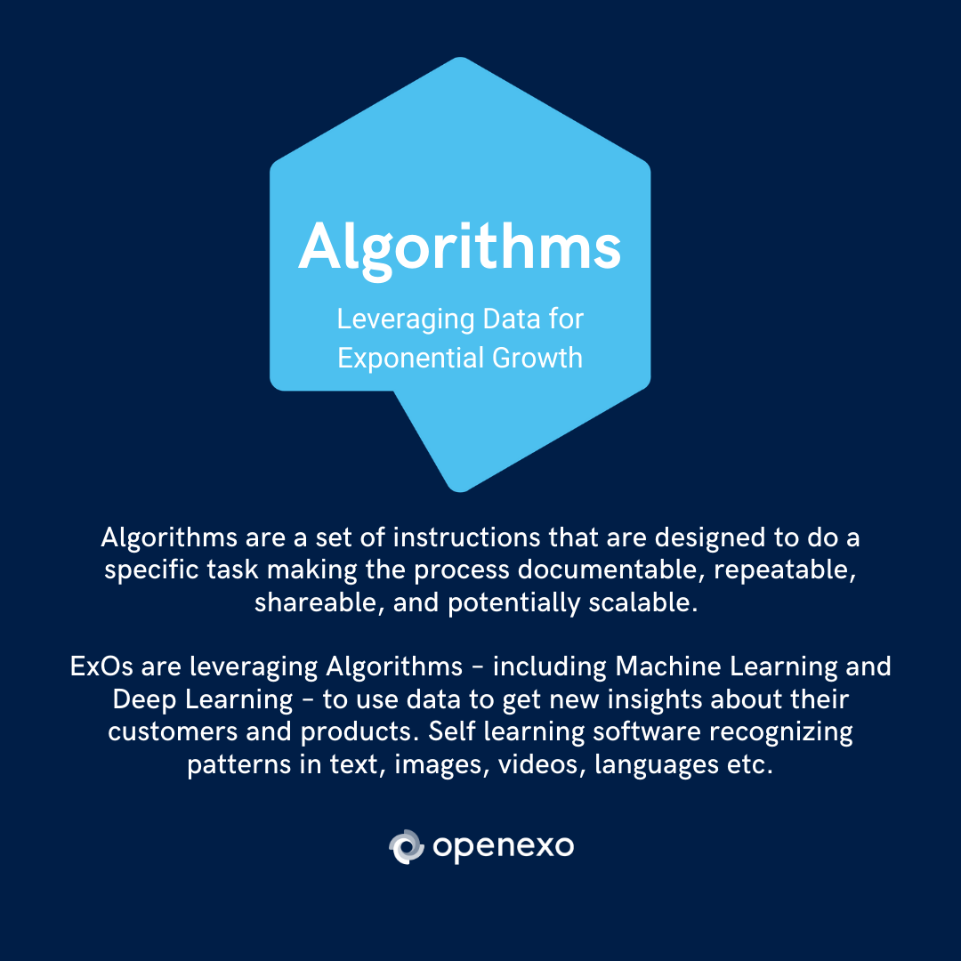 OpenExO's tweet photo. Algorithms are 1 of the 11 ExO Attributes, helping companies leverage massive amounts of data for #exponentialgrowth.
UPS - for finding better routes for its fleet
Netflix - movie & show recommendations.
Self-driving cars
More on the #ExOAttributes: https://t.co/1eJgM5IDVB https://t.co/T5L7AIrH0L