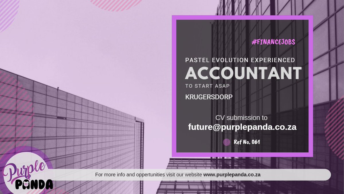 #JobAlert #Accountant to join an exceptional accounting team based in #Krugersdorp , 5+ yrs experience as an accountant (full function) Pastel Evolution To apply, please forward your updated CV to future@purplepanda.co.za or visit our website purplepanda.co.za/jobs/accountan… #JobSeekersSA