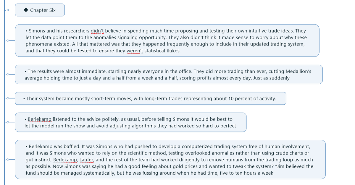 Berlekamp was a hardcore qunat with total reliance on the machine while Simons approach was to let machines run but don't rely on models all the time especially during volatility. Eventually, Berlekamp quit for academia