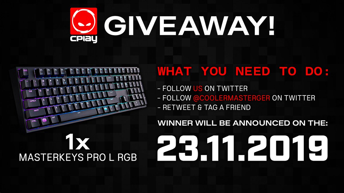 CPLAY (@cplaygg) on Twitter photo IT'S #GIVEAWAY TIME!
Zusammen mit <a href="/CoolerMasterGER/">Cooler Master D/A/CH</a> verlosen wir eine Tastatur🔥
Um daran teilzunehmen müsst ihr folgendes machen:
✔ Folgt uns
✔ Folgt <a href="/CoolerMasterGER/">Cooler Master D/A/CH</a>
✔ Markiert einen Freund und retweetet den Beitrag
Viel Glück 🍀 IT'S #GIVEAWAY TIME!
Zusammen mit <a href="/CoolerMasterGER/">Cooler Master D/A/CH</a> verlosen wir eine Tastatur🔥
Um daran teilzunehmen müsst ihr folgendes machen:
✔ Folgt uns
✔ Folgt <a href="/CoolerMasterGER/">Cooler Master D/A/CH</a>
✔ Markiert einen Freund und retweetet den Beitrag
Viel Glück 🍀