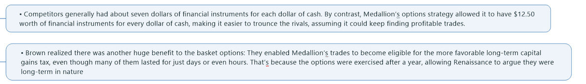 Note -Since they were trading various markets with one model it improved Medallions Sharpe ratio as well, in 2003 it touched to crazy 7. This allowed Medallion to use extra leverage.Here is more on their use of options for leverage (& avoid taxes :) )