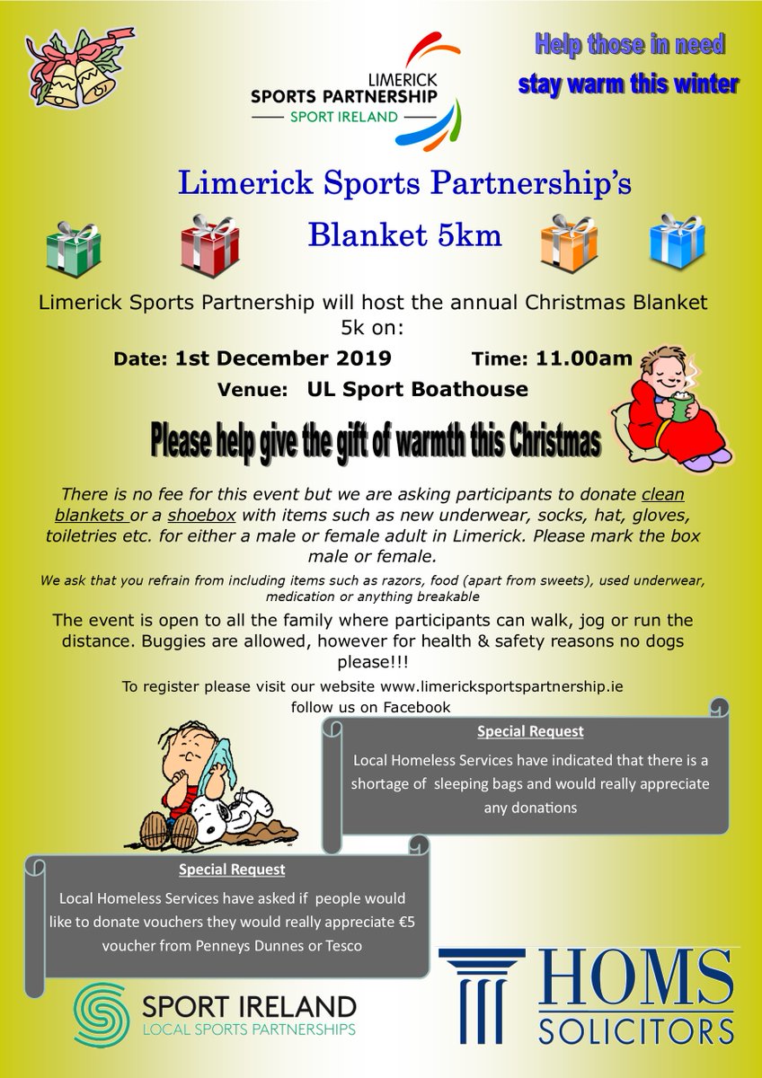 Limericksports's tweet photo. Nearly Mid-November so don't forget to register for our annual Blanket Run taking place on 1st December at 11am. Give the gift of warmth and also do a 5k ππ
Register online: https://t.co/tLnq4oUvVe #activelimerick #helpthehomeless #gettinglimerickactive https://t.co/DbwRtPbbcm