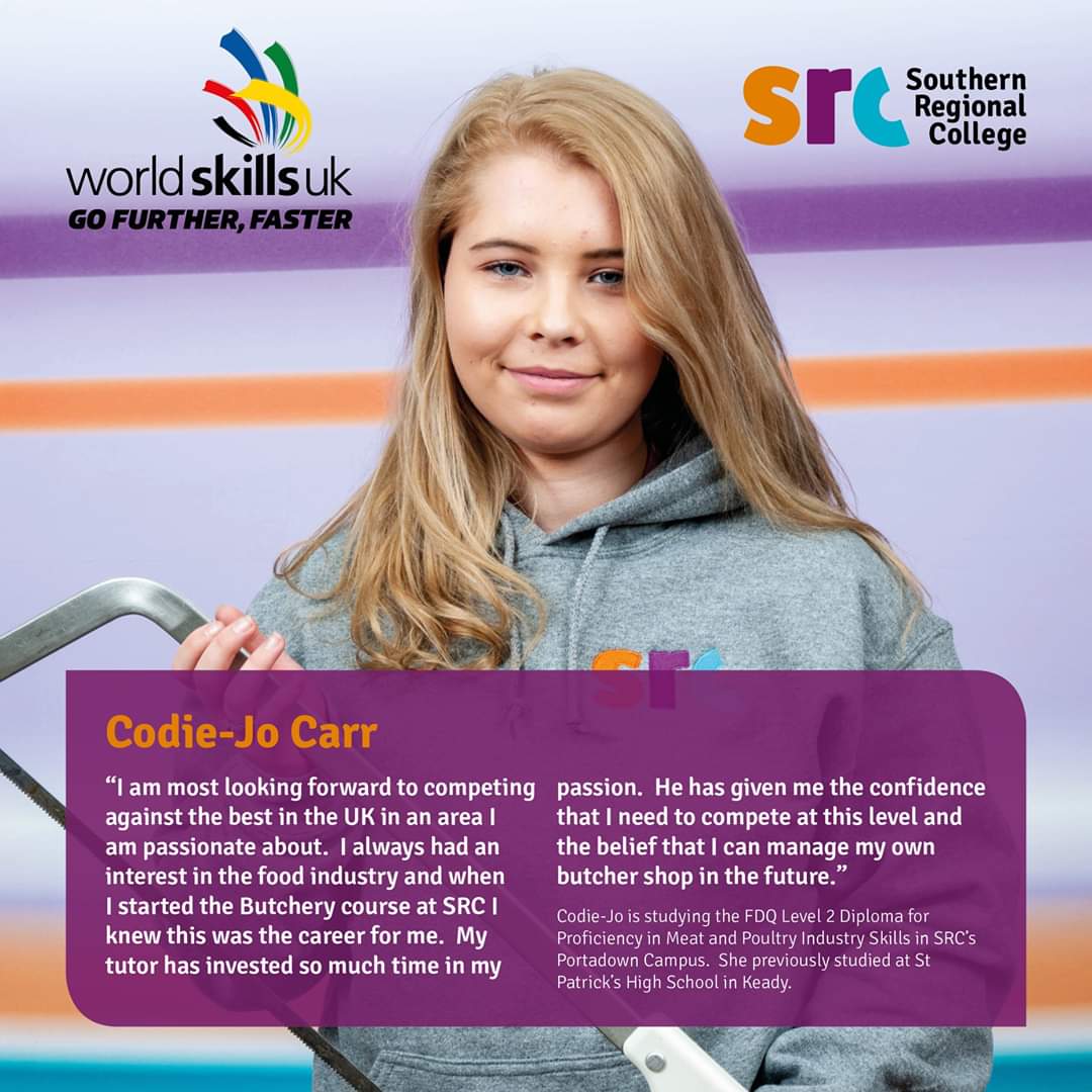 srcbutcher (@srcbutcher) on Twitter photo Good luck Codie-Jo who flys to Birmingham next week to compete in <a href="/worldskillsuk/">WorldSkills UK</a> #butchery final. Codie has been in the #butcherytrade for just over a year so to make the top six is a great achievement. Good luck from everyone at <a href="/srcchat/">Southern Regional College</a> & Fred Elliots, Banbridge. Good luck Codie-Jo who flys to Birmingham next week to compete in <a href="/worldskillsuk/">WorldSkills UK</a> #butchery final. Codie has been in the #butcherytrade for just over a year so to make the top six is a great achievement. Good luck from everyone at <a href="/srcchat/">Southern Regional College</a> & Fred Elliots, Banbridge.