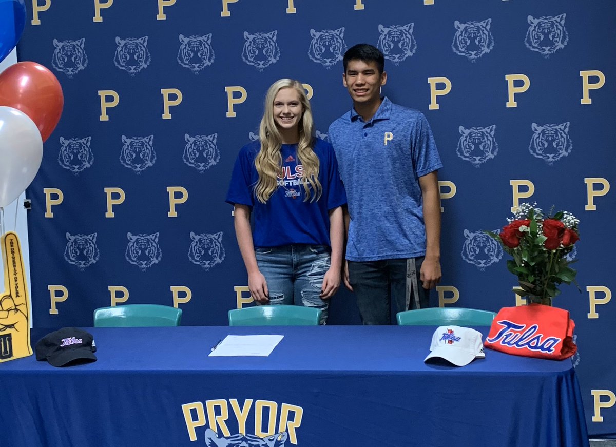 Pryor_Athletics's tweet photo. Congratulations to two special Seniors signing today! Kennedy Cramer (@kennedycramer10)with @TulsaSoftball and Anthony Wilson(@antwilson_12) with @ConnorsBaseball! Bright futures ahead for these two! #PryorTigerNation #okpreps https://t.co/vtmRNYmuyd