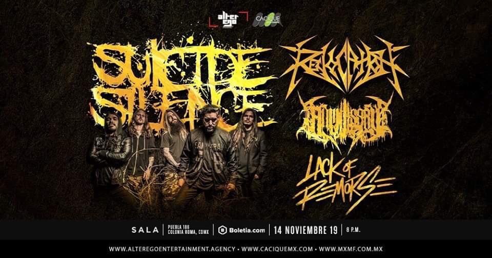 UnderMX's tweet photo. 🔥 ESTA NOCHE🔥 no te pierdas a @suicidesilence , @Revocation , @AllMiseryMetal y @LackOfRemorse en #SalaCorona para una dosis de metal extremo. 

Horarios:
Lack of Remorse - 8:00 pm
All Misery - 8:40 pm
Revocation- 9:30 pm
Suicide Silence - 10:45 pm

Boletos aún en taquilla 🎫 https://t.co/KdHY31O8MM