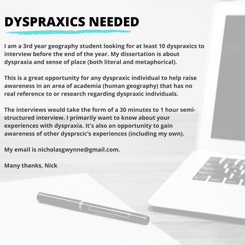 DyspraxicCircle's tweet photo. Can anybody help out Nick? He’s doing a dissertation and wants to interview fellow Dyspraxics for it. 

#dyspraxia #dcd #neurodiversesquad 

Details ⬇️ https://t.co/1dB6cGj8uB