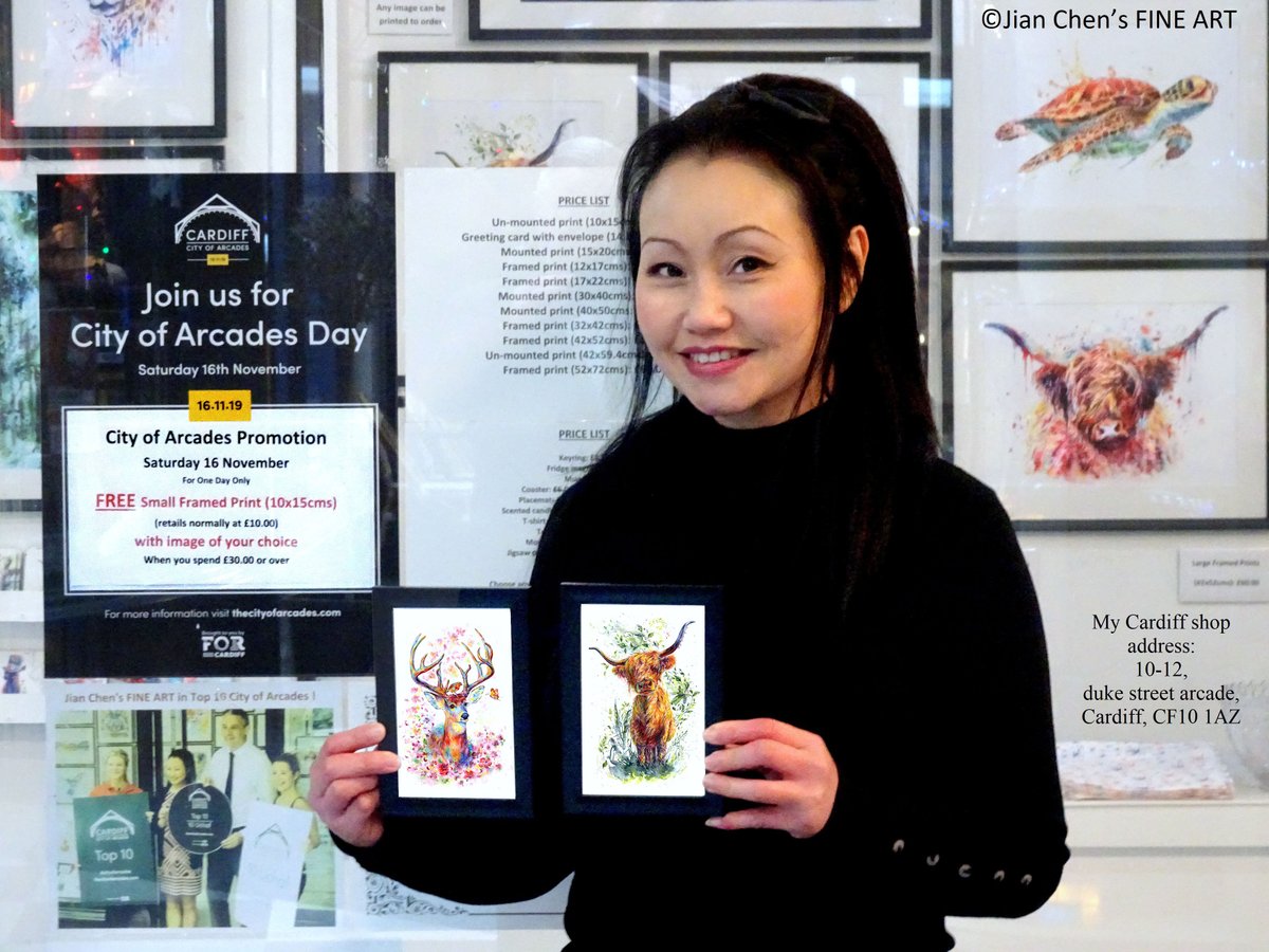 On City of Arcades Day (Saturday 16 November) I will be giving away a free small framed print (worth £10.00 with an image of your choice) for every sale over £30.00. 

My gallery address: 10-12, duke street arcade, cardiff, CF10 1AZ 😍😍😍