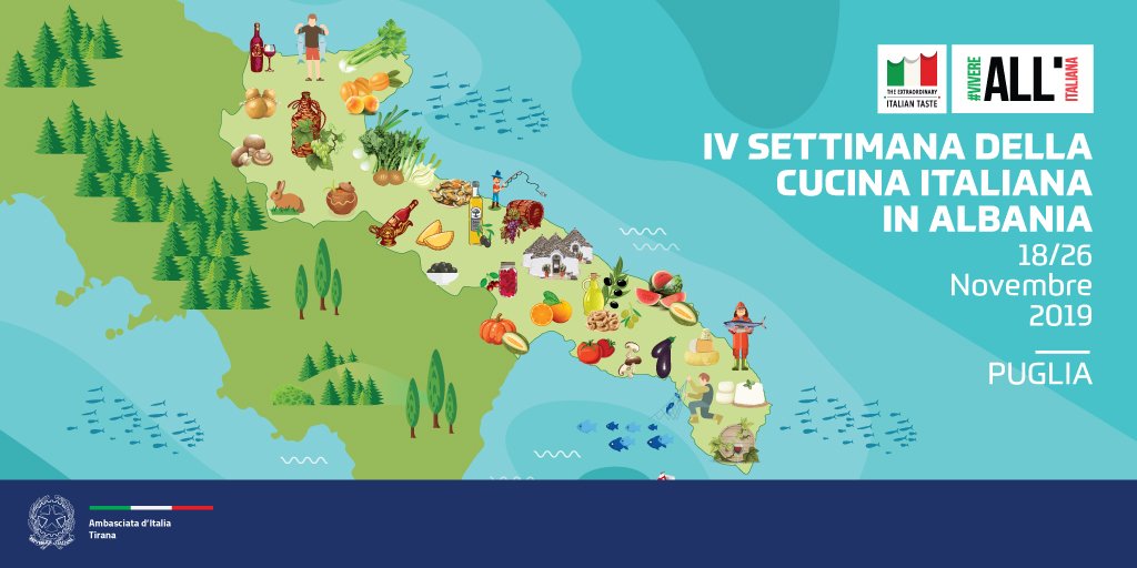ItalyinALB's tweet photo. Una delle regioni protagoniste della IV edizione di #ItalianTaste19 è la @RegionePuglia: spiagge meravigliose e una terra ricca di prodotti mediterranei di qualità. Seguiteci per sapere tutto sugli eventi e i workshops dei prossimi giorni dedicati all’#ApulianLifestyle. https://t.co/ly394NKVd1