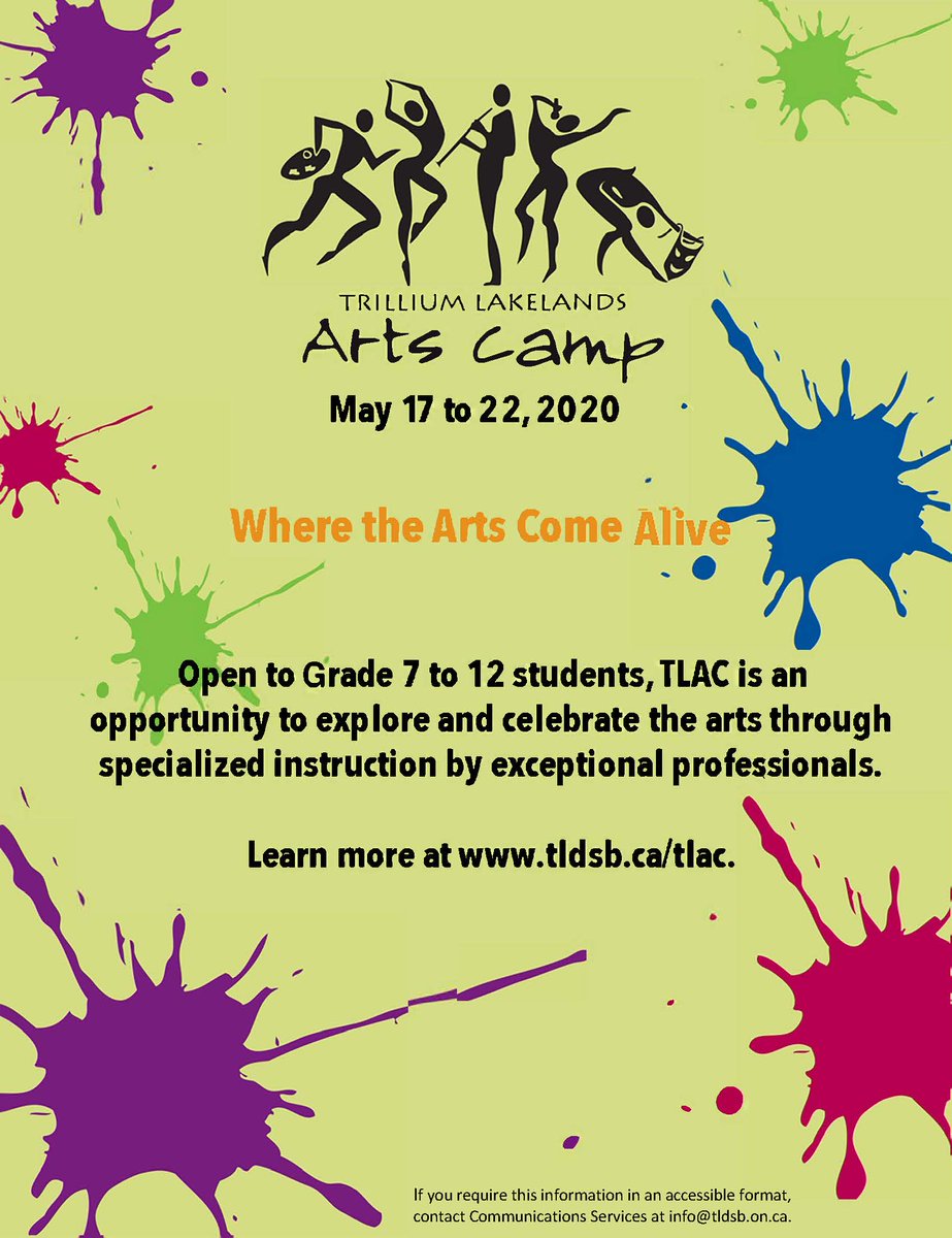 TLDSB's tweet photo. @TLDSB_TLAC 2020 is taking place May 17-22, and is an arts camp for students who are interested in music, drama, musical theatre, dance, and the visual arts. Registration packages are now available online or in your school office: https://t.co/kpatH2IUuw https://t.co/VBIIQYjkdT