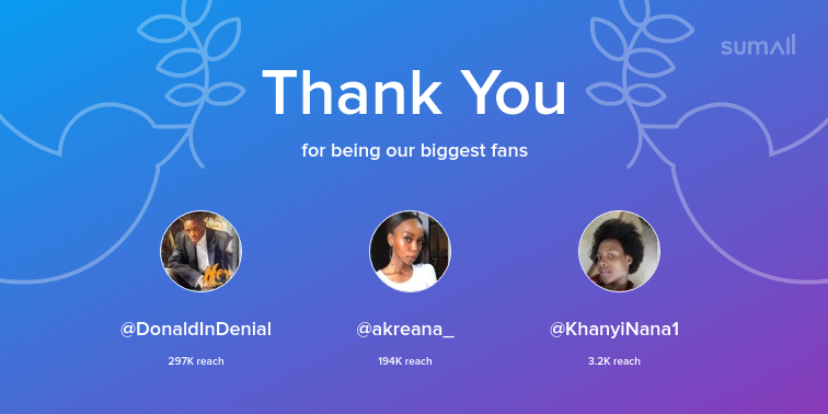 ThatoLegane's tweet photo. Our biggest fans this week: DonaldInDenial, akreana_, KhanyiNana1. Thank you! via https://t.co/xpg5KgcA3k https://t.co/ZHcmWMTKmX