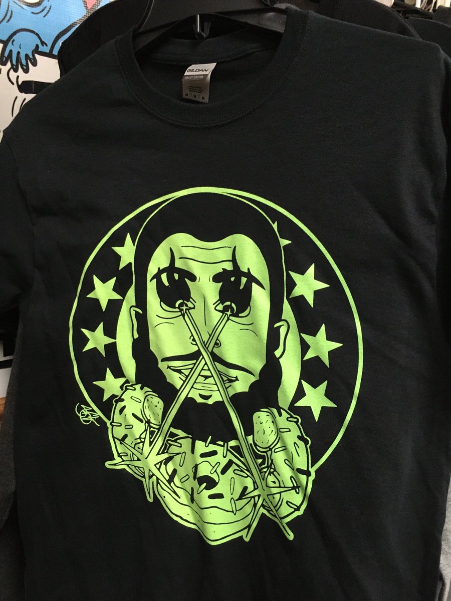 the_LVAC's tweet photo. @pufisgod didn’t sleep on the expanded trash ink special, so he scored some lime green prints on the cheap! 30, 50, or 100 shirts shipped straight to you for a flat sale price! #trashink #pufisgod #donuts #upcycle #cheapmerch #shirts https://t.co/mLkA4bp6nK
