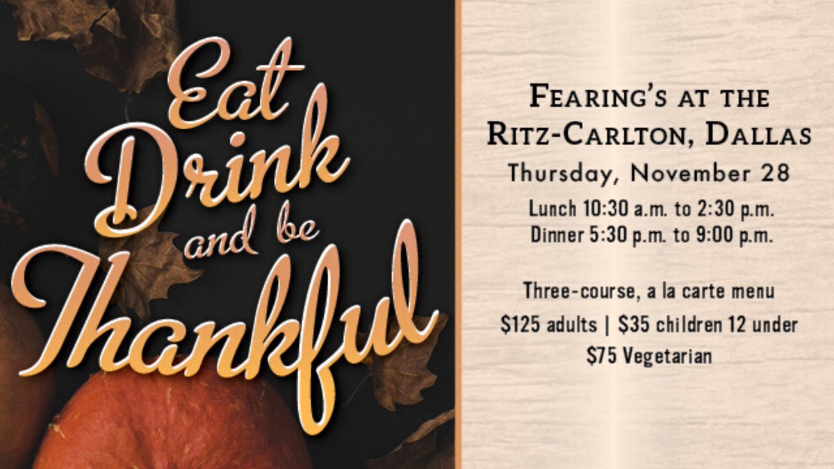 Join Fearing's for a Thanksgiving lunch or dinner to remember. Share in thankfulness with family and friends, and enjoy a three course or a la carte menu featuring seasonal selections.

Reservations available at opentable.com/fearings
Menu: fearingsrestaurant.com/menu/thanksgiv…