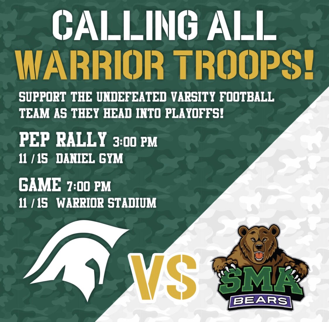 Come dressed and ready for battle!
<a href="/twcasports/">Woodlands Christian</a> <a href="/TWCAFootball/">TWCA Football</a>