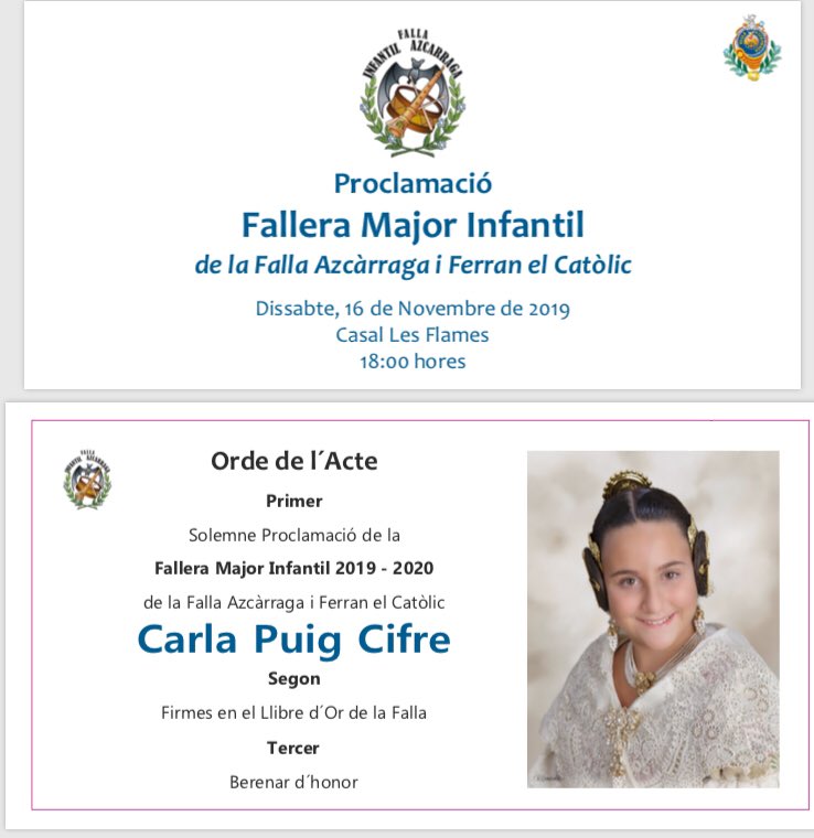 Este sábado en nuestro casal la Solemne Proclamación de Carla Puig Cifre como Fallera Mayor Infantil 2020
