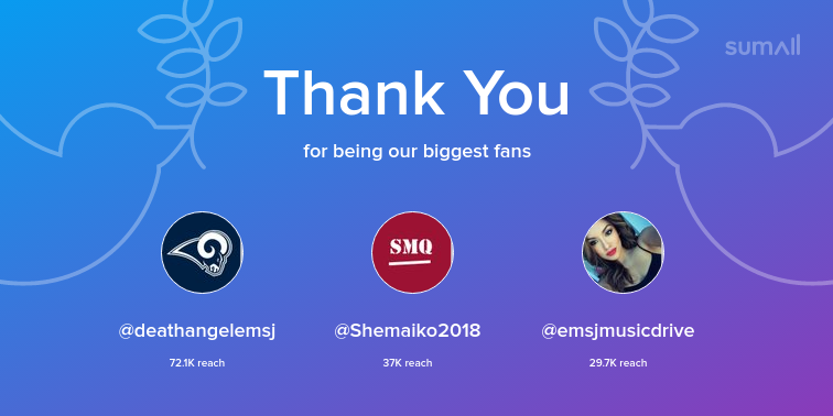 Our biggest fans this week: deathangelemsj, Shemaiko2018, emsjmusicdrive. Thank you! via sumall.com/thankyou?utm_s…