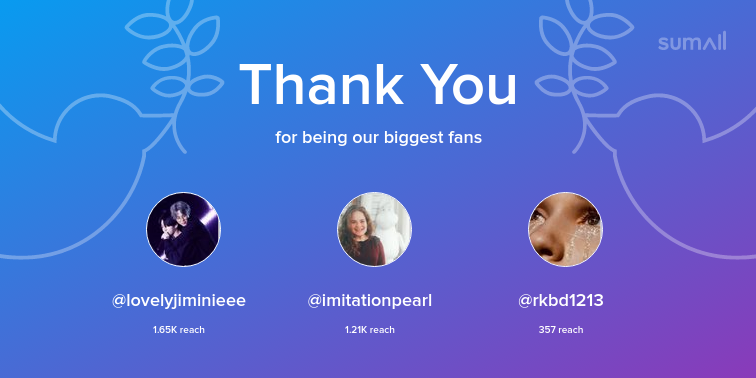 Our biggest fans this week: lovelyjiminieee, imitationpearl, rkbd1213. Thank you! via sumall.com/thankyou?utm_s…