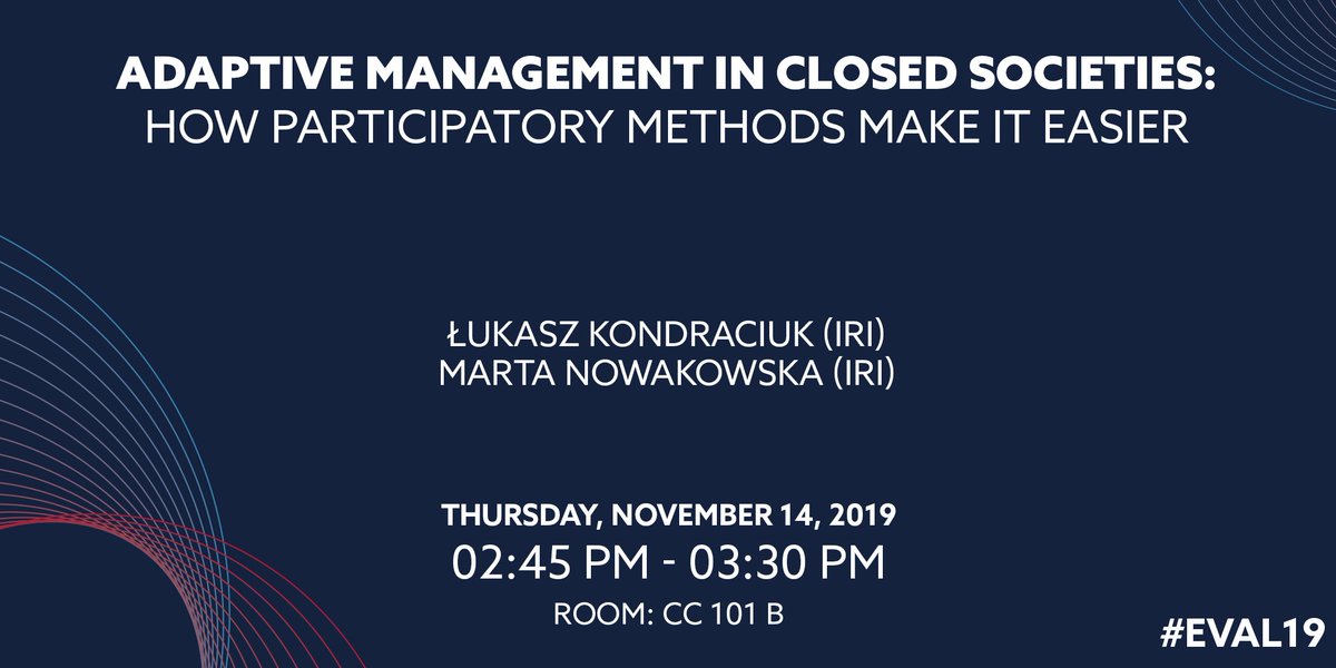 lukaszkk's tweet photo. Join me and @MNowakowskaPL for a round table on adaptive management in closed societies and participatory methods #Eval19 @IRIglobal https://t.co/64foqAmHCu