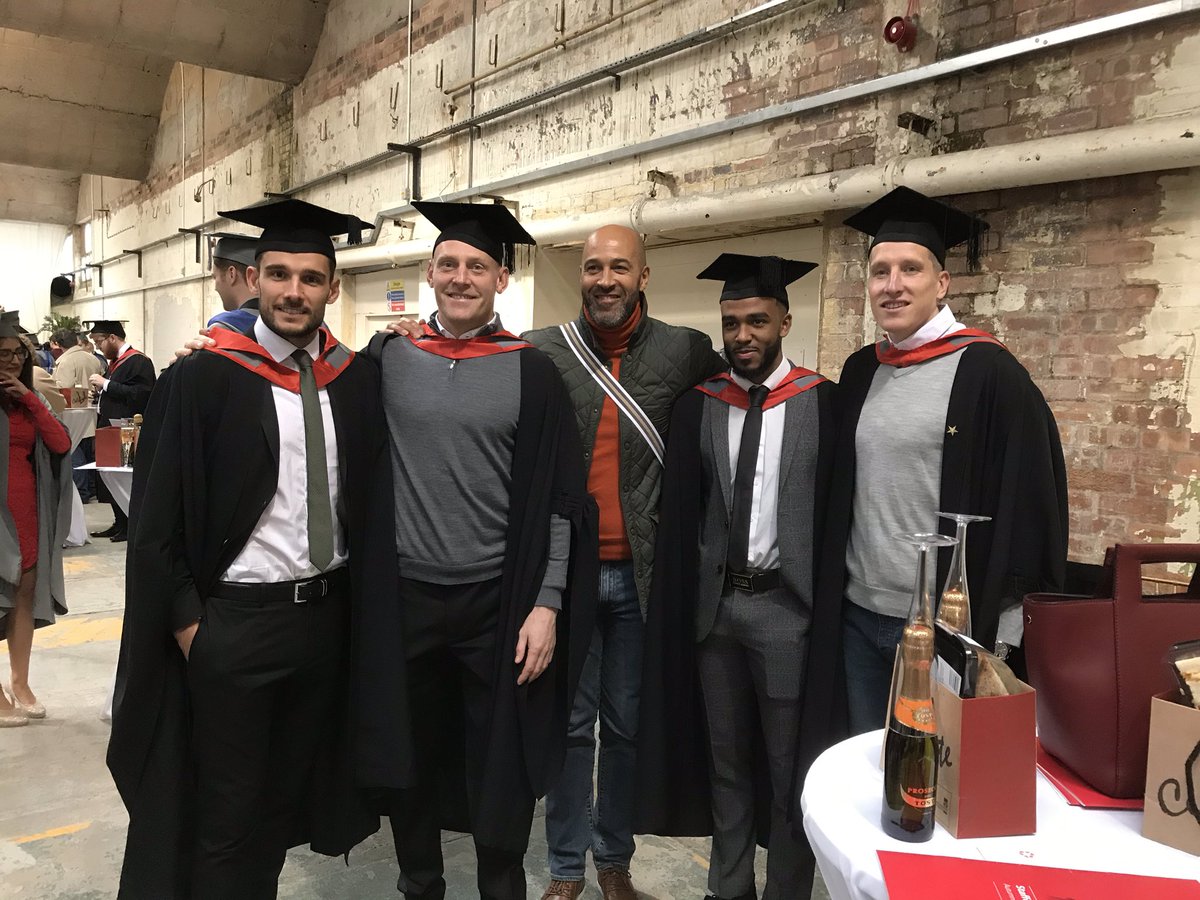 staffjournalism's tweet photo. Delighted to see some of our PSWB cohort at graduation today. Gareth Evans, Graham Stack, Jason Lee(PFA Education), Zayn Hakeem and Jimmy McNulty. #staffsuni #pfa https://t.co/znE5D9rrfW