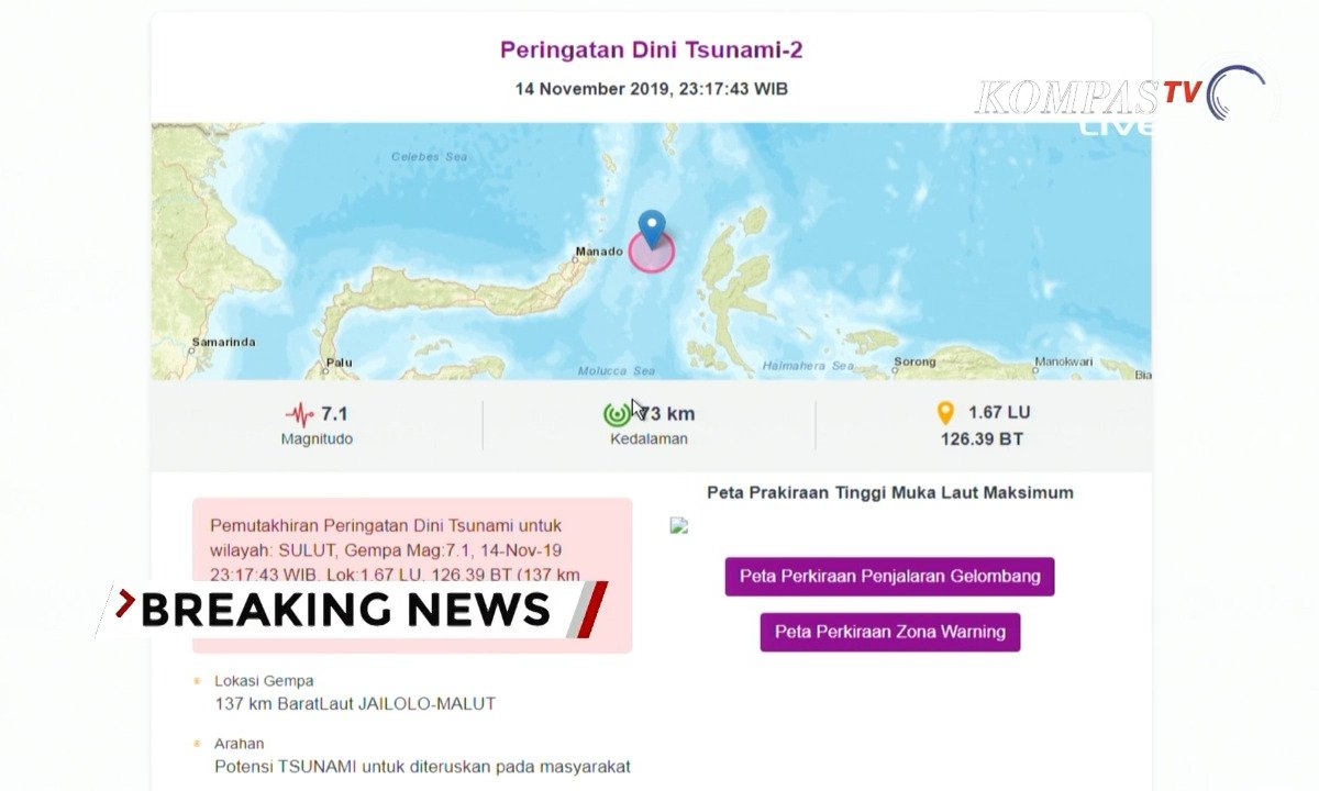 KompasTV's tweet photo. [VIDEO] BREAKING NEWS - Gempa 7.1 SR di Maluku Utara, Potensi Tsunami https://t.co/OGCY3h1UAo https://t.co/M5CrJYkyKG