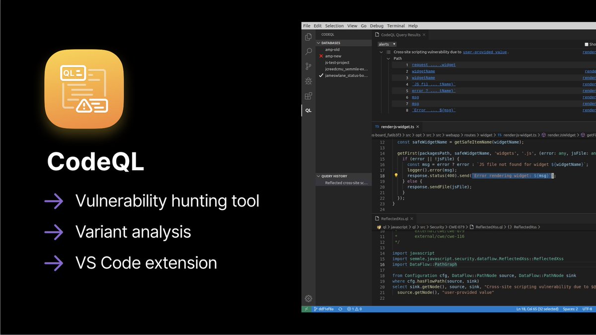 github's tweet image. Query your code to find and fix vulnerabilities with CodeQL.
Now free for open source and academic research.
#GitHubUniverse
