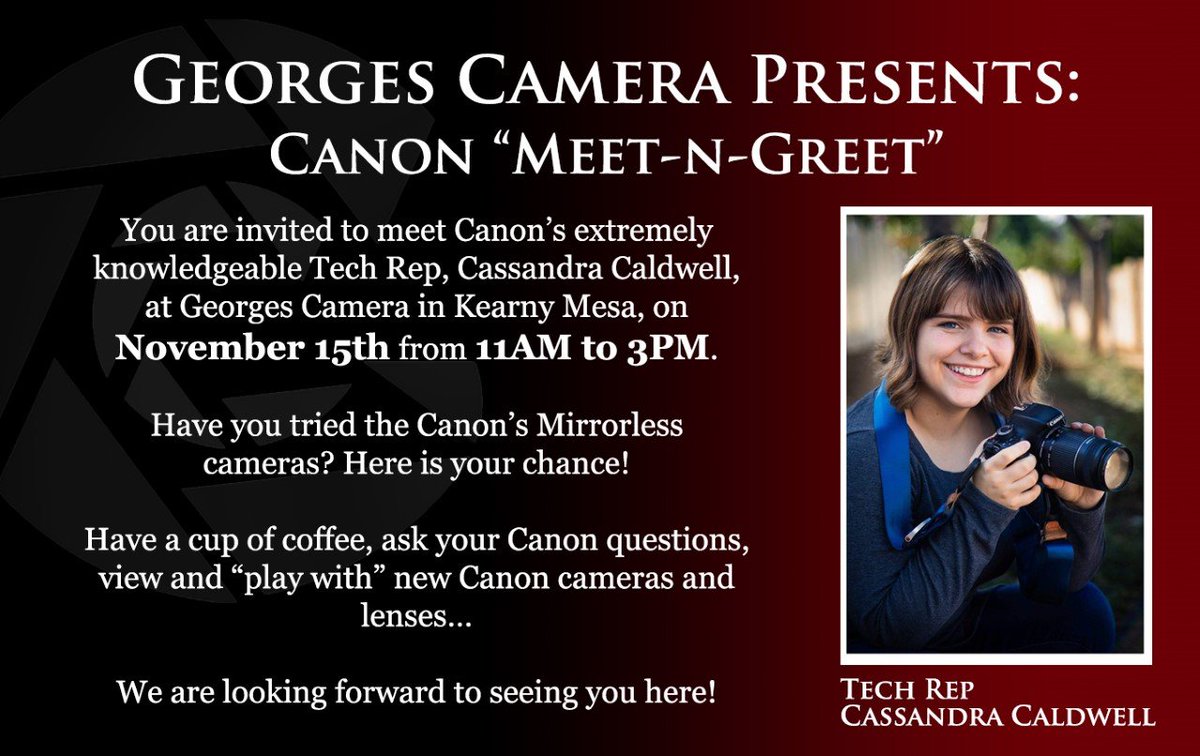 georgescamera's tweet photo. Canon Event Tomorrow!
Come hang out with our Canon Rep and get your hands on some cool gear. https://t.co/eA6Umkm111