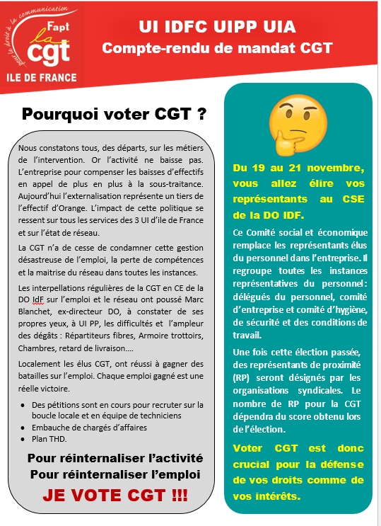 CgtTelecomParis's tweet photo. #Orange #CGT #ElectionsCseOrange2019 #UIIDFC #UIPP #UIA
@CgtFaptOrange @CGTFapt77 @cgtfapt78 @FAPTCGT91 @cgtfapt92 @CgtFapt94
Compte-rendu de mandat CGT des techniciens d'intervention chez le client. https://t.co/Njv6jiU4X6