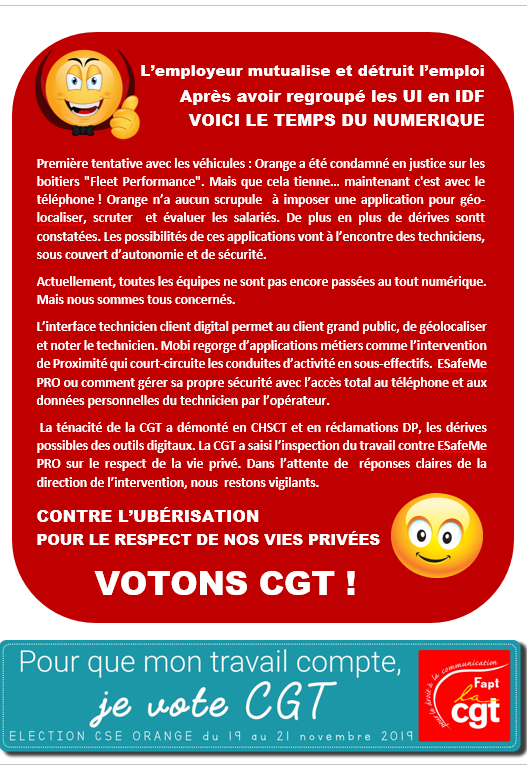 CgtTelecomParis's tweet photo. #Orange #CGT #ElectionsCseOrange2019 #UIIDFC #UIPP #UIA
@CgtFaptOrange @CGTFapt77 @cgtfapt78 @FAPTCGT91 @cgtfapt92 @CgtFapt94
Compte-rendu de mandat CGT des techniciens d'intervention chez le client. https://t.co/Njv6jiU4X6