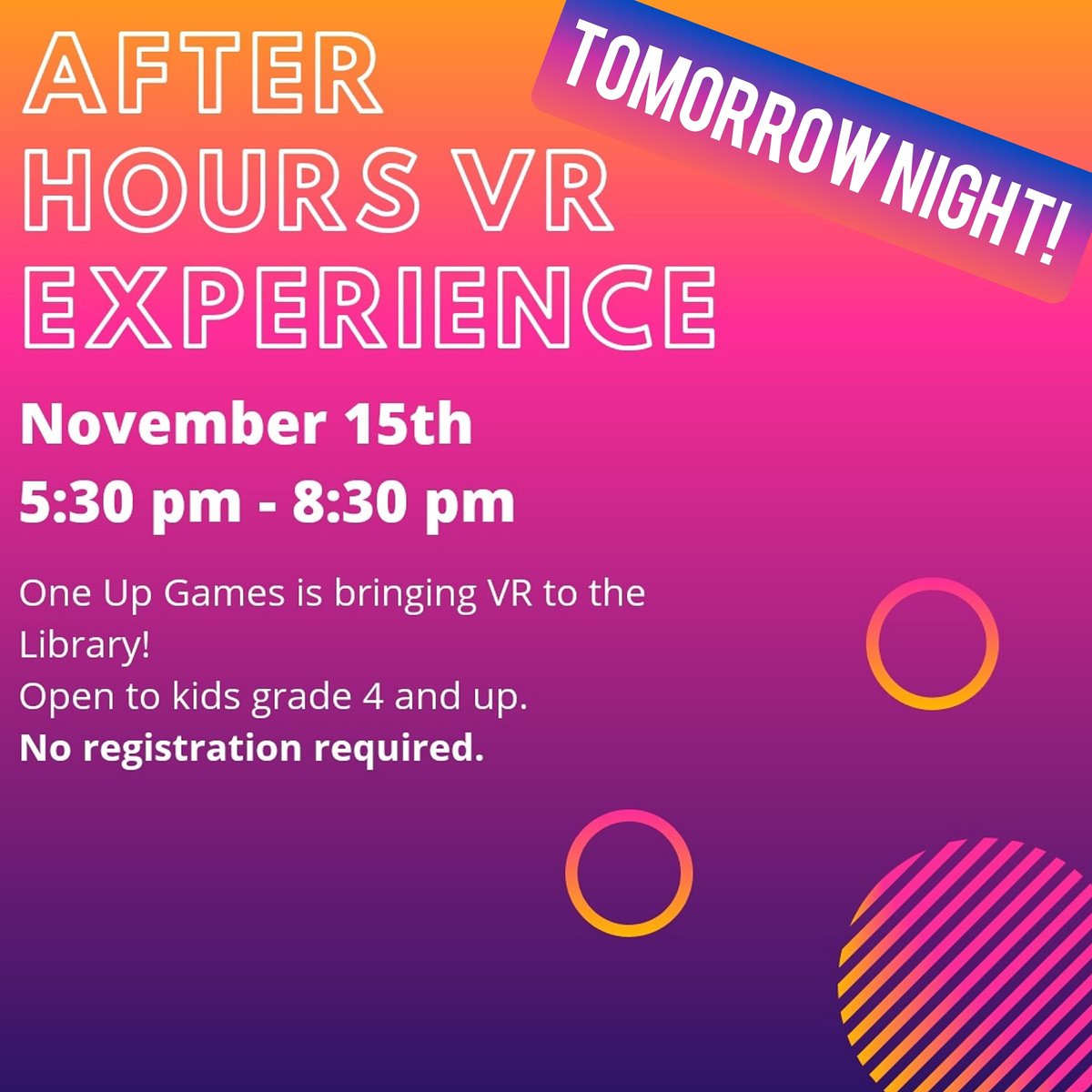 CovPubLib's tweet image. Tomorrow Night! Has your child wanted to try VR gaming? Join us for this after hours program brought to the library by @OneUpGamer.  #CovPubLib