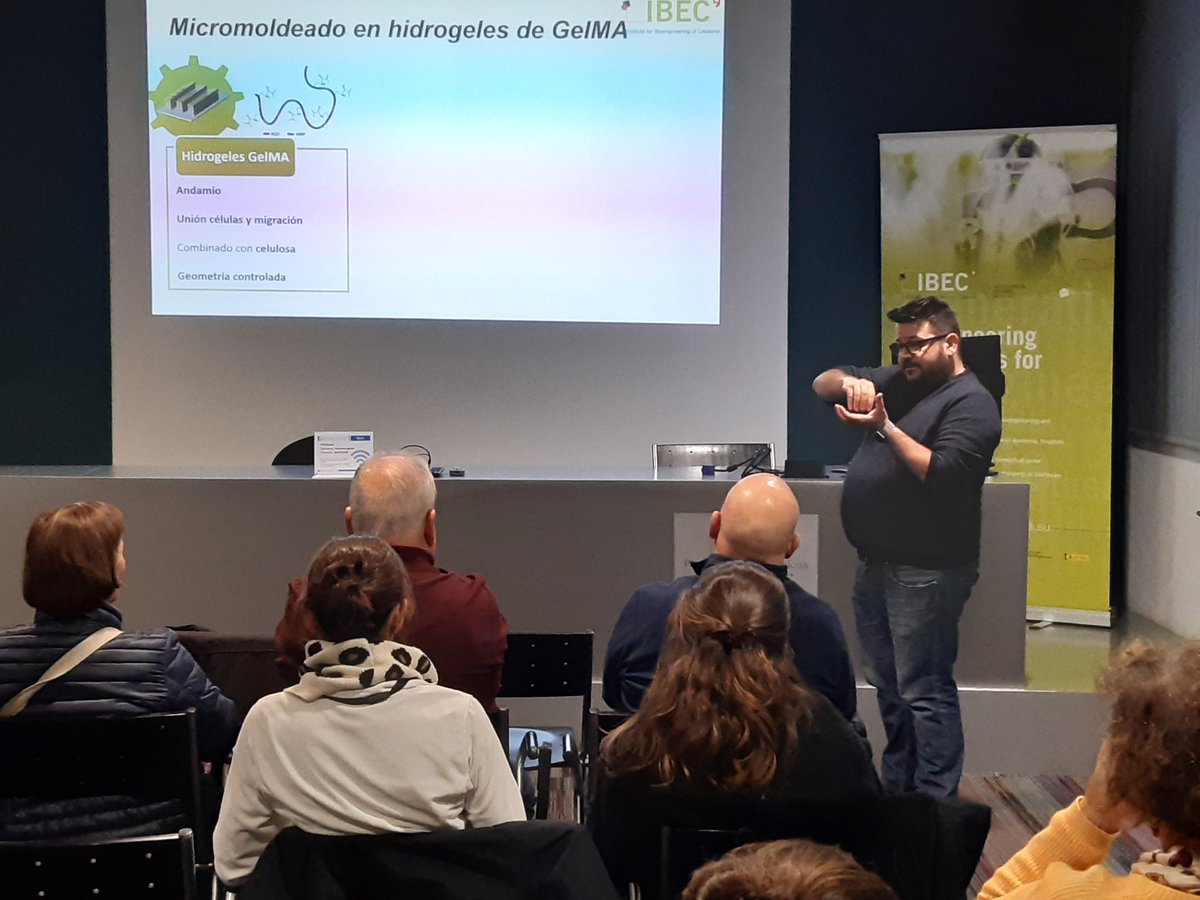 IBECBarcelona's tweet photo. Dr. Juan Manuel Fernández from @Biosensors_IBEC presents today the group's work on #organonachip in order to study and find solutions for #health #muscular #distrophy. https://t.co/wzUk79nbro