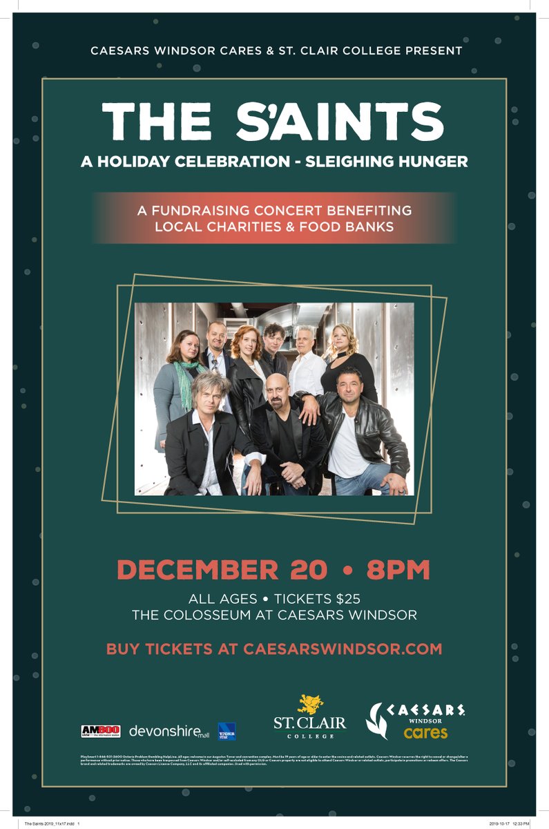 UHC_'s tweet photo. HURRY &amp; GET YOUR TICKETS!
This years 2019 S’Aints Sleighing Hunger Concert is happening on Dec. 20 at 8pm! This is a fundraising concert benefiting local charities &amp; food banks. Tickets are priced at $25.  It is located at The Colosseum at @CaesarsWindsor
#concert #december https://t.co/0Xv3qeSLz4