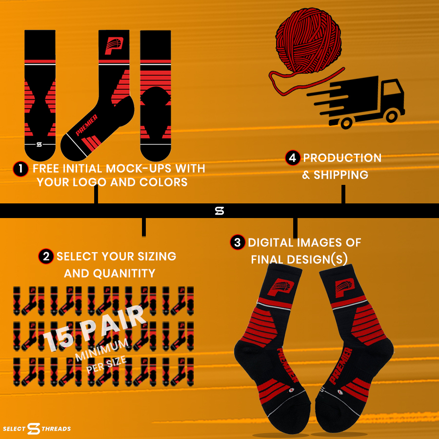 select_threads's tweet image. Between helping athletes develop their full potential, training, analyzing performance, teaching new skills and providing encouragement, you have enough on your hands as a coach. 

We make customizing socks SIMPLE!  Send us your team's logo, colors, and we will handle the rest.