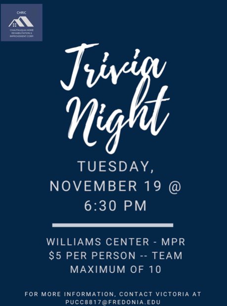 <a href="/fredprssa/">FREDPRSSA</a> along with <a href="/CHQ_Home_Rehab/">CHRIC</a> will be hosting a Trivia Night on Tuesday, November 19th at 6:30 pm in the Williams Center MPR! Tickets can be purchased at the ticket office before the event as well as at the door for $5 for students.Trivia teams can have up to 10 members.