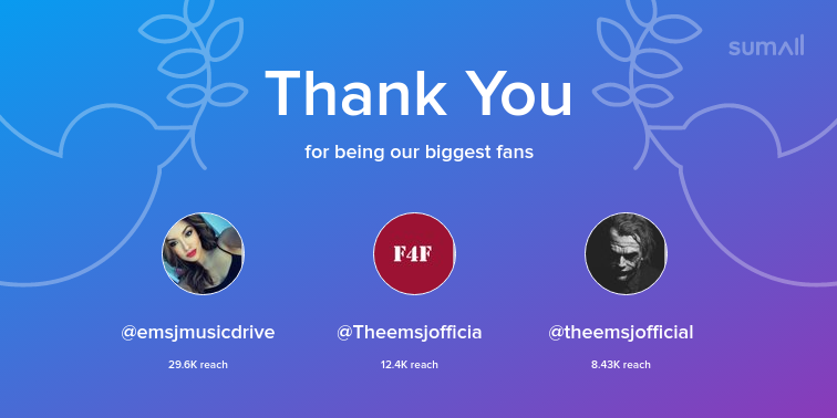 Our biggest fans this week: emsjmusicdrive, Theemsjofficia, theemsjofficial. Thank you! via sumall.com/thankyou?utm_s…